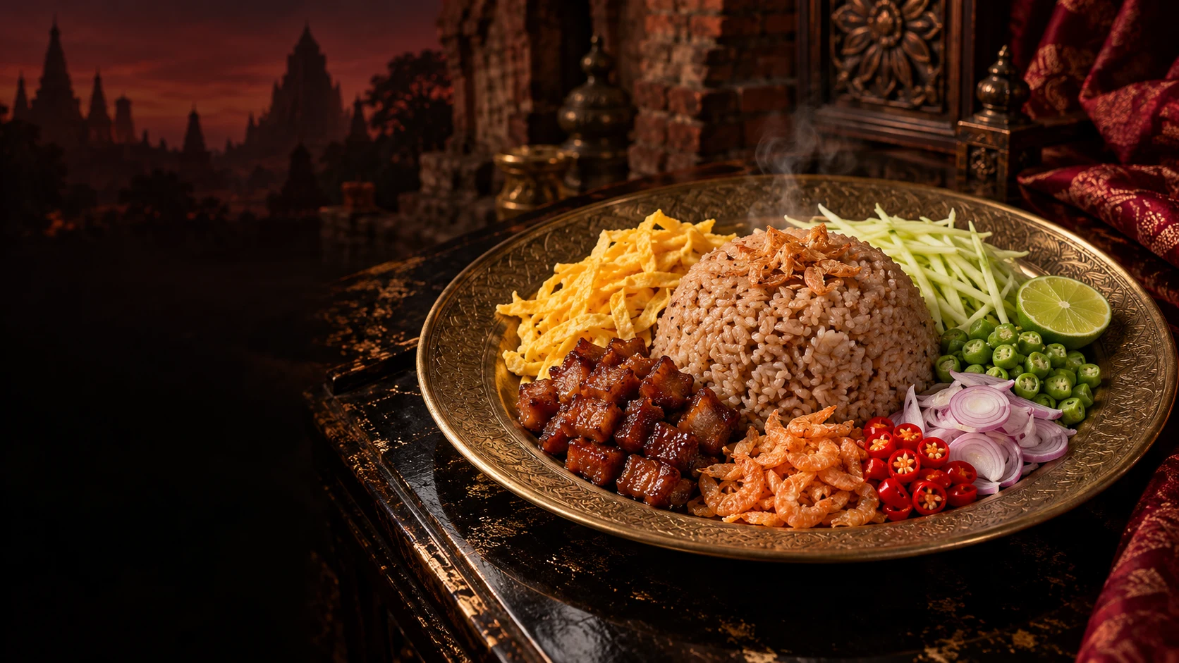 ข้าวคลุกกะปิและเครื่องเคียงบนสำรับทอง ในบรรยากาศวังโบราณ